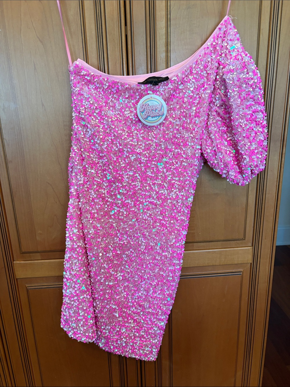 Hot Pink Sequin One-Shoulder Puff Sleeve Dress size small freshman homecoming